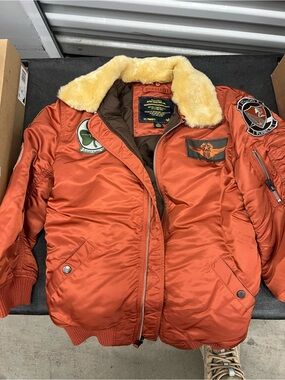 Alpha Industries Rust Orange Bomber Jacket with Cream Faux Fur Collar
